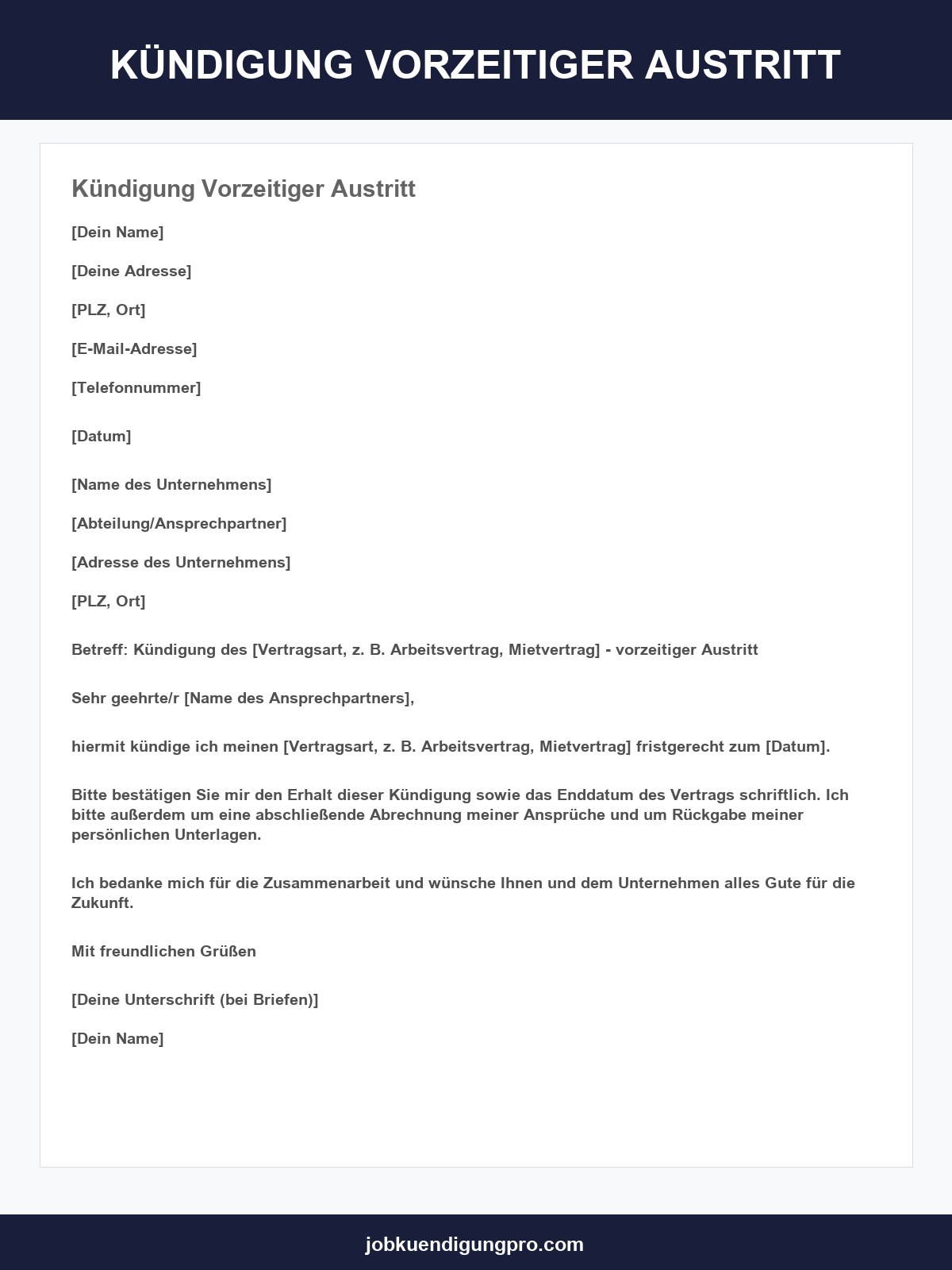 Kündigung Vorzeitiger Austritt Vorlage