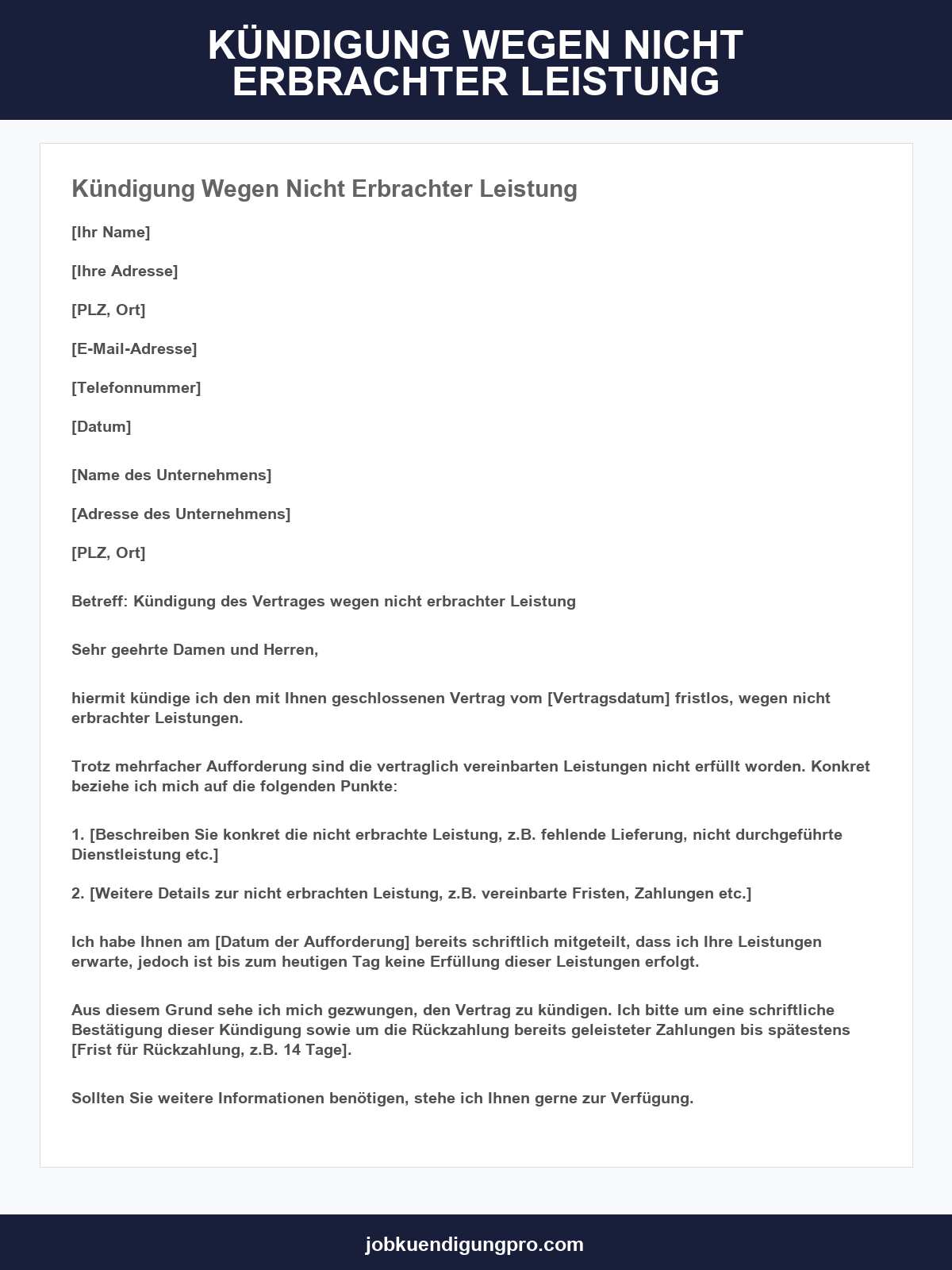 Kündigung Wegen Nicht Erbrachter Leistung Vorlage