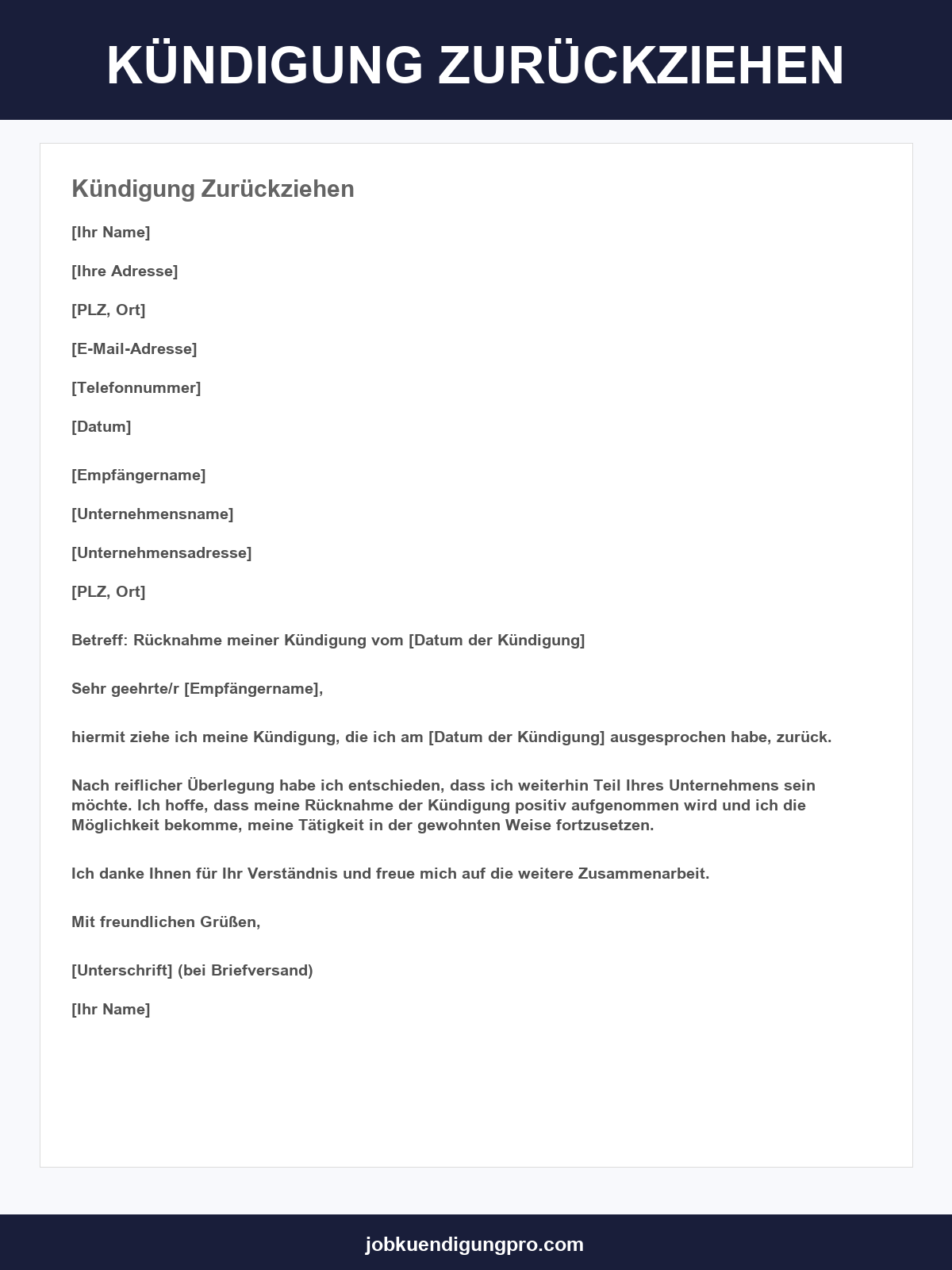 Kündigung Zurückziehen Vorlage