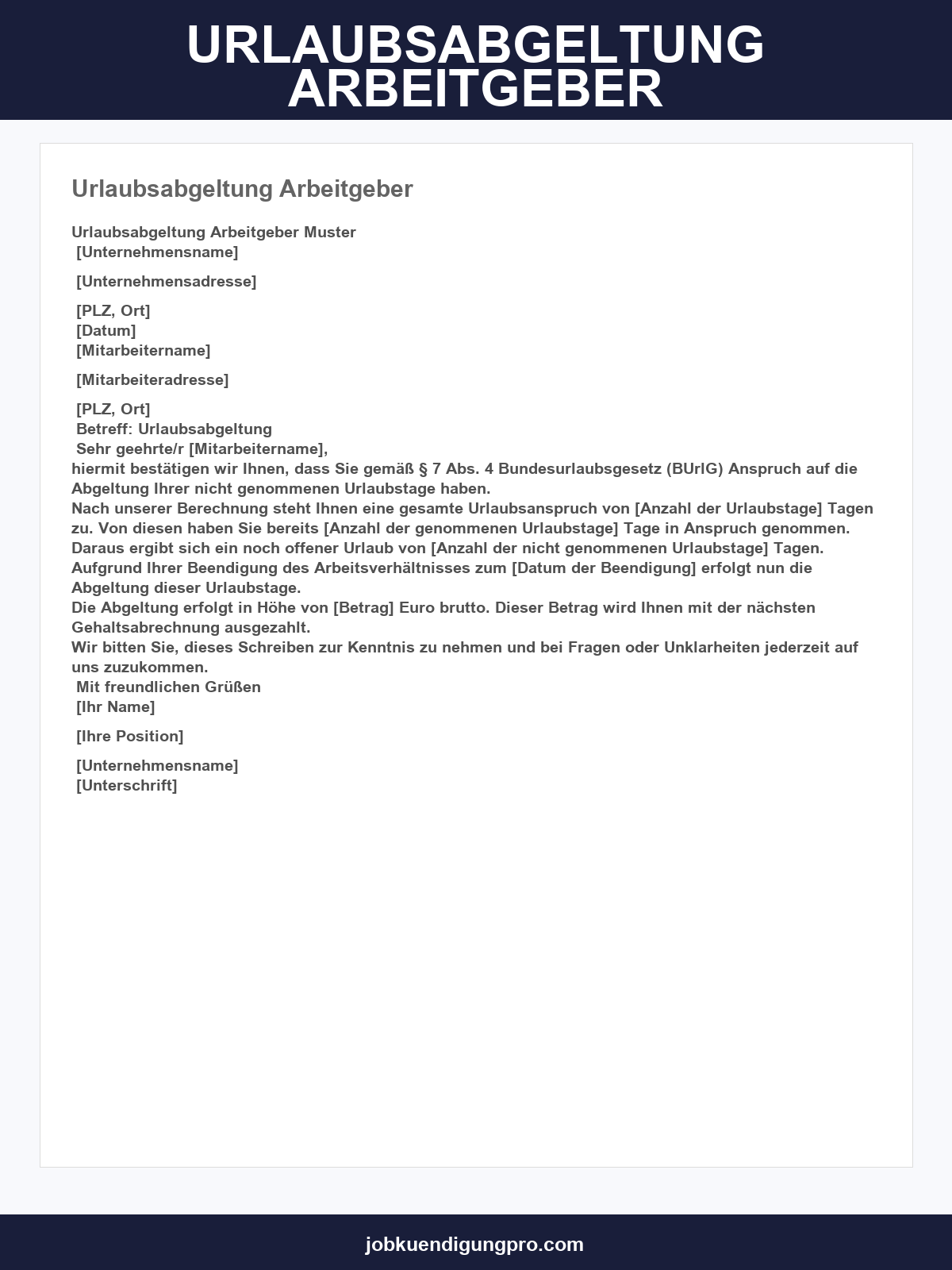 Musterschreiben Urlaubsabgeltung Arbeitgeber